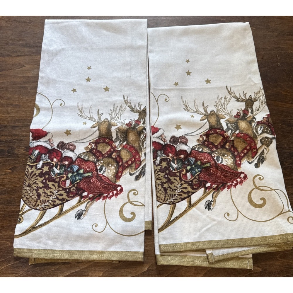 (2) Williams Sonoma Twas the Night Tea Towels~20" X 30" ~Cotton~ New~ No Package